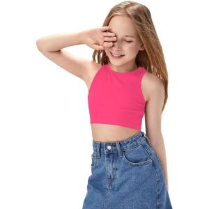 imageOYOANGLE Girls Casual Solid Sleeveless Round Neck Slim Fit Basic Crop Tank TopHot Pink