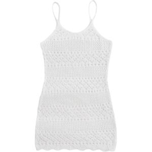 imageOYOANGLE Girls Crochet Hollow Out Spaghetti Strap Scallop Trim Sheer Swimsuit Cover Up DressWhite