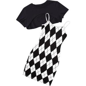 imageOYOANGLE Girls Cute 2 Piece Outfits Print Cami Short Dress with Crop Top Tee SetBlack and White