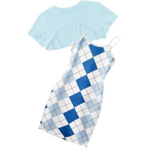 imageOYOANGLE Girls Cute 2 Piece Outfits Print Cami Short Dress with Crop Top Tee SetBlue and White