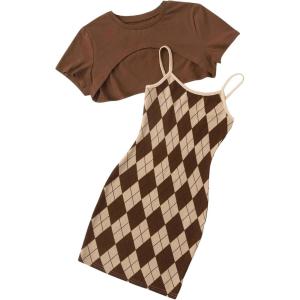 imageOYOANGLE Girls Cute 2 Piece Outfits Print Cami Short Dress with Crop Top Tee SetBrown