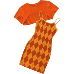 imageOYOANGLE Girls Cute 2 Piece Outfits Print Cami Short Dress with Crop Top Tee SetLight Orange