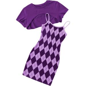 imageOYOANGLE Girls Cute 2 Piece Outfits Print Cami Short Dress with Crop Top Tee SetPurple