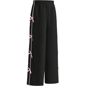 imageOYOANGLE Girls Cute Bow Side Elastic Waist Sweatpants Y2K Straight Leg Trousers with PocketBlack