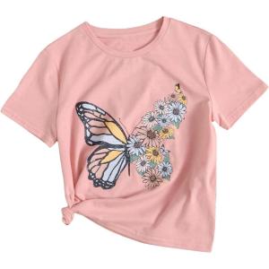 imageOYOANGLE Girls Cute Graphic Casual Round Neck Short Sleeve Tee Shirt TopsCoral Pink