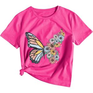 imageOYOANGLE Girls Cute Graphic Casual Round Neck Short Sleeve Tee Shirt TopsDeep Pink