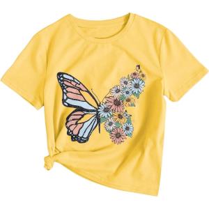 imageOYOANGLE Girls Cute Graphic Casual Round Neck Short Sleeve Tee Shirt TopsLight Yellow