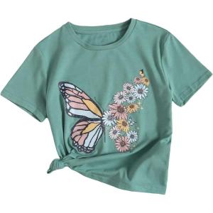 imageOYOANGLE Girls Cute Graphic Casual Round Neck Short Sleeve Tee Shirt TopsMint Green
