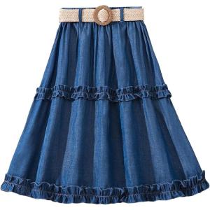 imageOYOANGLE Girls Cute High Elastic Waist Frill Trim A Line Flared Swing Flowy Midi SkirtBlue