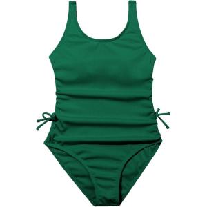 imageOYOANGLE Girls Cute Spaghetti Straps Round Neck Drawstring One Piece Swimwear Tie Bathing SuitDark Green