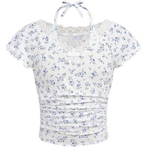 imageOYOANGLE Girls Ditsy Floral Print Ruched Short Sleeve Tee Shirt Lace Trim Slim Fitted Halter TopWhite