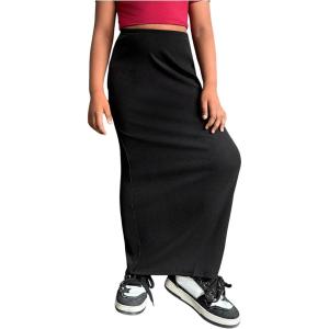 imageOYOANGLE Girls Elastic High Waist Maxi Pencil Skirt Split Back Bodycon Knitted Long SkirtsBlack