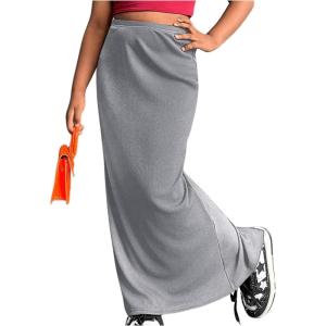 imageOYOANGLE Girls Elastic High Waist Maxi Pencil Skirt Split Back Bodycon Knitted Long SkirtsLight Grey