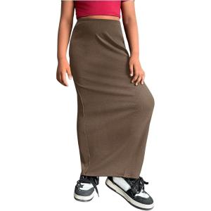 imageOYOANGLE Girls Elastic High Waist Maxi Pencil Skirt Split Back Bodycon Knitted Long SkirtsMocha Brown