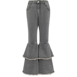 imageOYOANGLE Girls Elastic Waist Flared Leg Denim Pants Raw Trim Bell Bottom Jeans with PocketsGrey