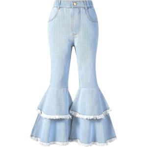 imageOYOANGLE Girls Elastic Waist Flared Leg Denim Pants Raw Trim Bell Bottom Jeans with PocketsLight Blue