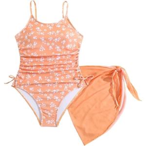 imageOYOANGLE Girls Floral Ruched Side One Piece Swimsuit with Mesh Beach Skirt Cover Up SwimwearOrange