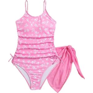 imageOYOANGLE Girls Floral Ruched Side One Piece Swimsuit with Mesh Beach Skirt Cover Up SwimwearPink