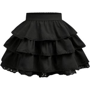 imageOYOANGLE Girls Lace Trim Tiered Layered Ruffle Hem Skirt High Elastic Waist Flared Short SkirtsBlack