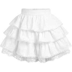 imageOYOANGLE Girls Lace Trim Tiered Layered Ruffle Hem Skirt High Elastic Waist Flared Short SkirtsWhite