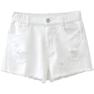 imageOYOANGLE Girls Mid Rise Ripped Raw Hem Straight Leg Jean Denim Shorts with PocketWhite