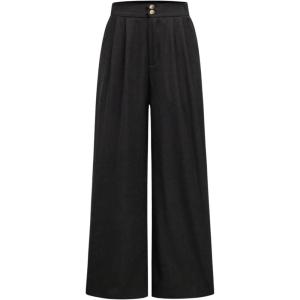 imageOYOANGLE Girls Pleated Wide Leg Pants Button Zipper Fly High Waisted Long Trousers with PocketBlack
