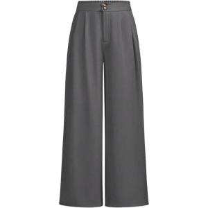 imageOYOANGLE Girls Pleated Wide Leg Pants Button Zipper Fly High Waisted Long Trousers with PocketGrey