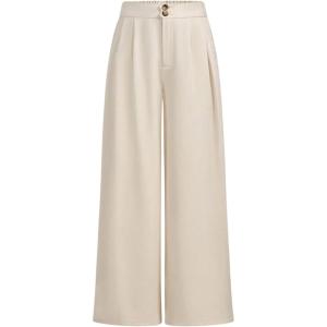 imageOYOANGLE Girls Pleated Wide Leg Pants Button Zipper Fly High Waisted Long Trousers with PocketKhaki