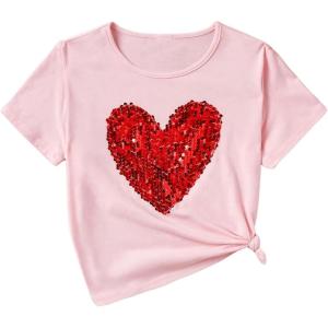 imageOYOANGLE Girls Sequin Sparkle Heart Pattern Short Sleeve Round Neck T Shirt Casual Summer Tees TopsLight Pink