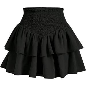 imageOYOANGLE Girls Shirred High Waist Ruffle Short Skirts Tiered Layer A Line Mini SkirtBlack