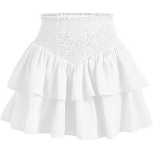 imageOYOANGLE Girls Shirred High Waisted Layered Ruffle Hem Short Skirt Summer Cute Flowy SkirtsWhite