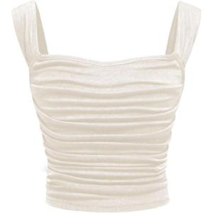 imageOYOANGLE Girls Sleeveless Square Neck Wide Straps Ruched Tank Top Solid Slim Fit Crop TopsApricot