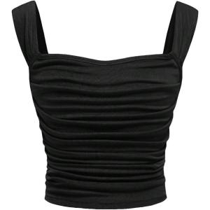 imageOYOANGLE Girls Sleeveless Square Neck Wide Straps Ruched Tank Top Solid Slim Fit Crop TopsBlack