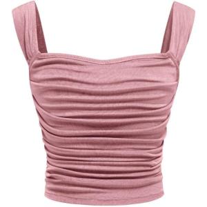 imageOYOANGLE Girls Sleeveless Square Neck Wide Straps Ruched Tank Top Solid Slim Fit Crop TopsDusty Pink