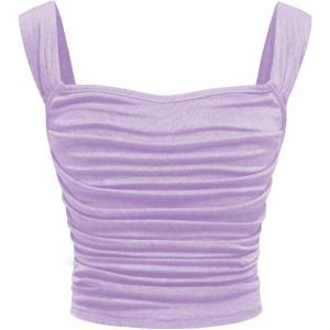 imageOYOANGLE Girls Sleeveless Square Neck Wide Straps Ruched Tank Top Solid Slim Fit Crop TopsPurple