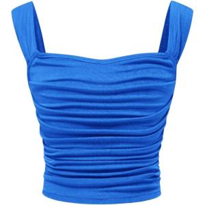 imageOYOANGLE Girls Sleeveless Square Neck Wide Straps Ruched Tank Top Solid Slim Fit Crop TopsRoyal Blue