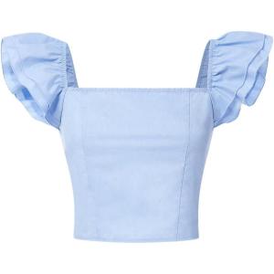 imageOYOANGLE Girls Square Neck Ruffle Sleeve Crop Blouse Smocked Solid Slim Fit Tee TopBlue