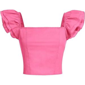 imageOYOANGLE Girls Square Neck Ruffle Sleeve Crop Blouse Smocked Solid Slim Fit Tee TopPink