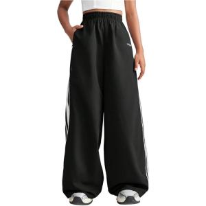 imageOYOANGLE Girls Striped Side Cargo Pants Elastic Waist Wide Leg Baggy Trousers Loose Parachute PantsBlack
