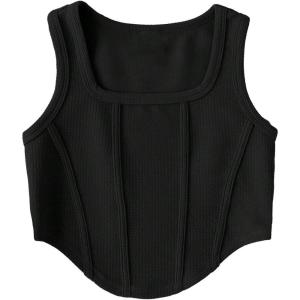 imageOYOANGLE Girls Textured Sleeveless Square Neck Asymmetrical Hem Crop Tank TopsBlack