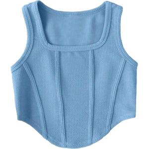 imageOYOANGLE Girls Textured Sleeveless Square Neck Asymmetrical Hem Crop Tank TopsBlue