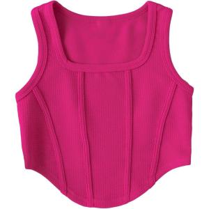 imageOYOANGLE Girls Textured Sleeveless Square Neck Asymmetrical Hem Crop Tank TopsHot Pink