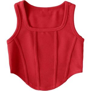 imageOYOANGLE Girls Textured Sleeveless Square Neck Asymmetrical Hem Crop Tank TopsRed