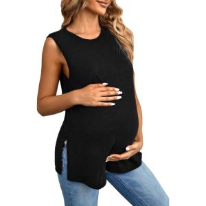imageOYOANGLE Maternity Tank Top Summer Sleeveless Crewneck Pregnancy Shirts Side Split Pregnant ClothesBlack