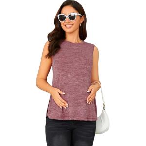 imageOYOANGLE Maternity Tank Top Summer Sleeveless Crewneck Pregnancy Shirts Side Split Pregnant ClothesPink