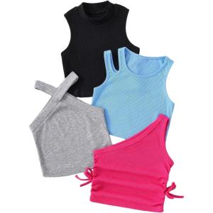 imageOYOANGLE Toddler Girls 4 Pack Ribbed Knit Crop Tank Tops Set One Shoulder Summer CamisoleBlack Blue