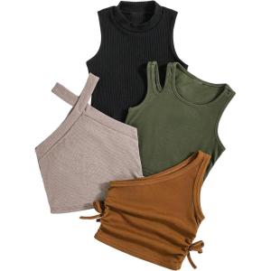 imageOYOANGLE Toddler Girls 4 Pack Ribbed Knit Crop Tank Tops Set One Shoulder Summer CamisoleBlack and Green