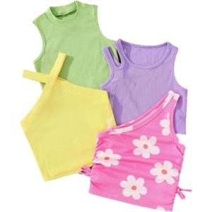 imageOYOANGLE Toddler Girls 4 Pack Ribbed Knit Crop Tank Tops Set One Shoulder Summer CamisoleGreen Pink