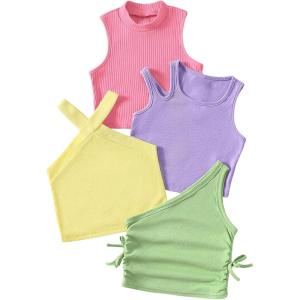 imageOYOANGLE Toddler Girls 4 Pack Ribbed Knit Crop Tank Tops Set One Shoulder Summer CamisoleMulticolor