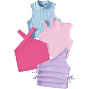 imageOYOANGLE Toddler Girls 4 Pack Ribbed Knit Crop Tank Tops Set One Shoulder Summer CamisolePink and Blue